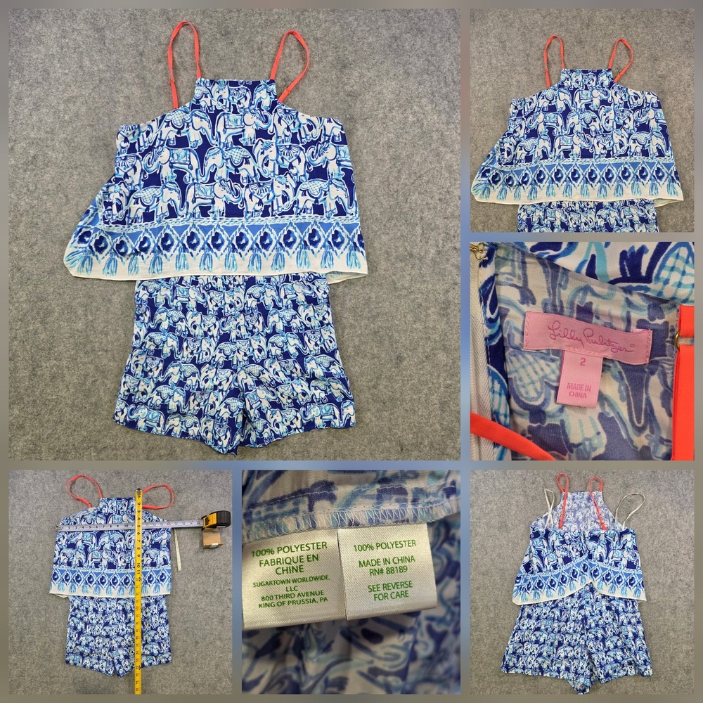 Lilly Pulitzer Romper Womens 2 Blue Elephant Print High Neck Sleeveless Summer